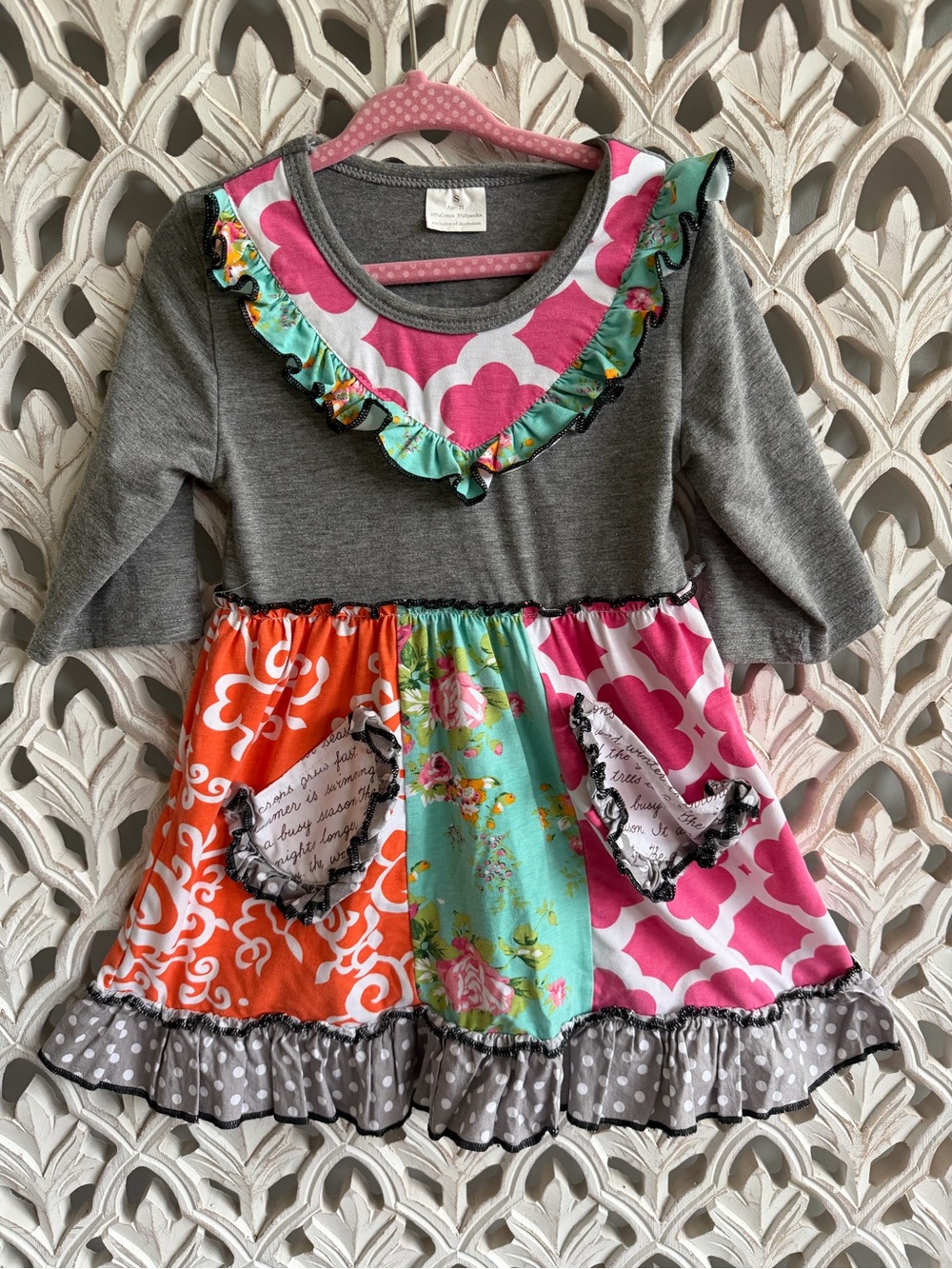 Girls 2T Patchwork Ruffle Dress Floral Orange Pink Gray